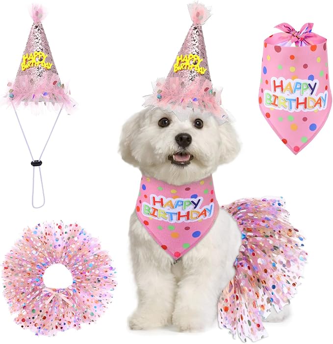 Dog Birthday Bandana with Hat and Dress Girl Set Puppy Birthday Party Supplies by Unknown
