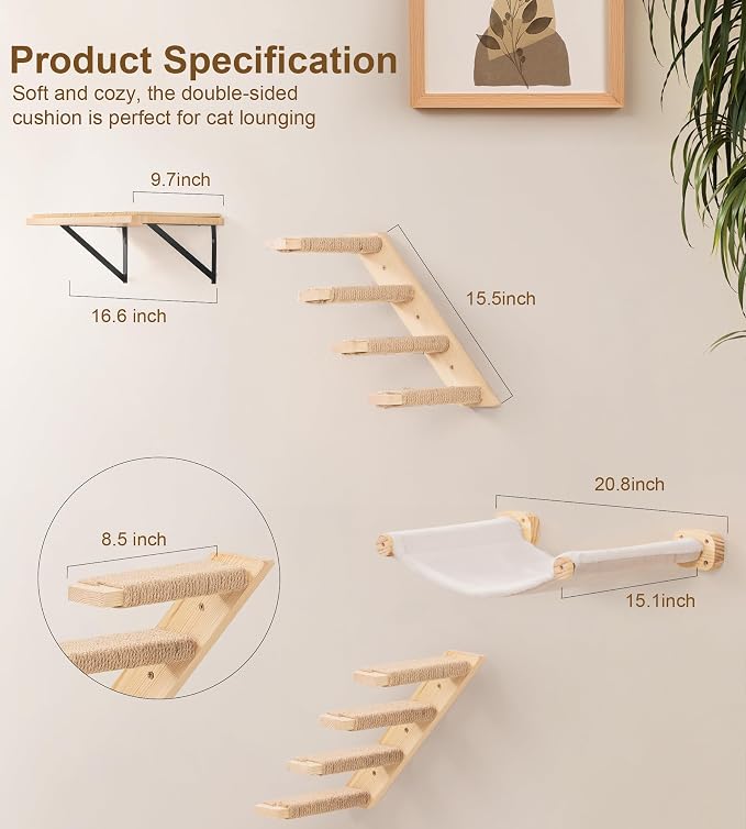 Cat Wall Shelves with 1 Floating Fabric Hammock, 2 Ladders with 4 Steps Each & - Image 8