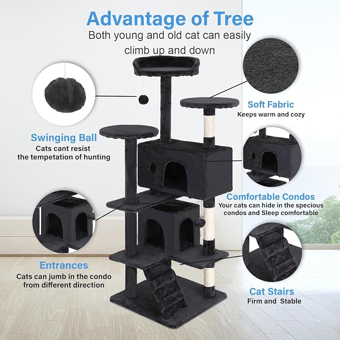 FDW | 54" Cat Tree Tower | Dark Gray | Multi-Level Indoor Activity Center - Image 3