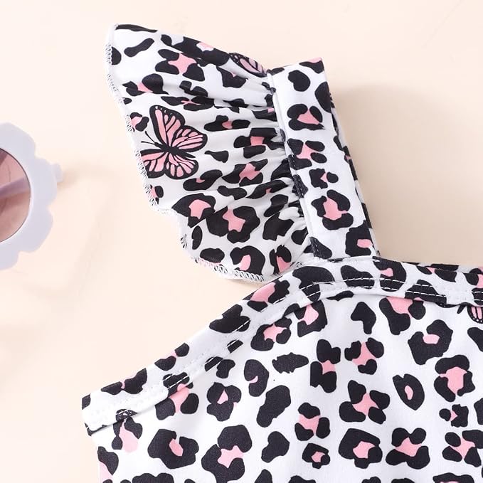 Toddler Baby Girls Summer Clothes Outfits Ruffled Sleeve Dinosaur Shirt Leopard - Image 3