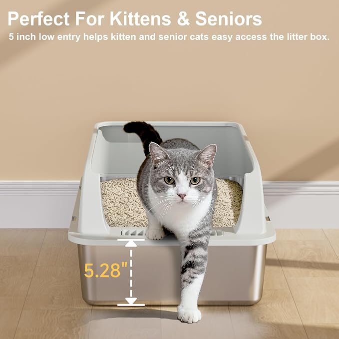 TENTIZON 2 Pack Large Stainless Steel Cat Litter Boxes, Open Top Metal Kitty - Image 6