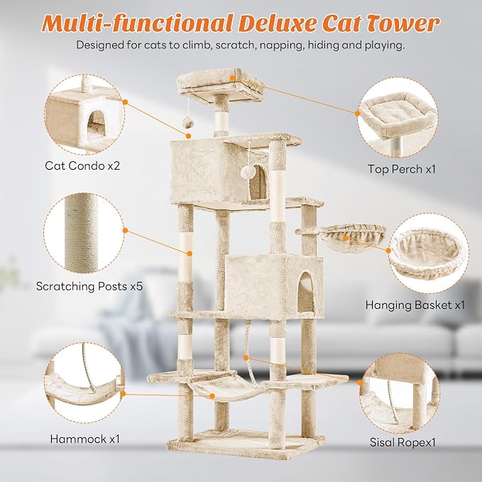 DUMOS Large 66 Inch Cat Tree Tower, Tall Multi Level Cat Climbing Tower - Image 4