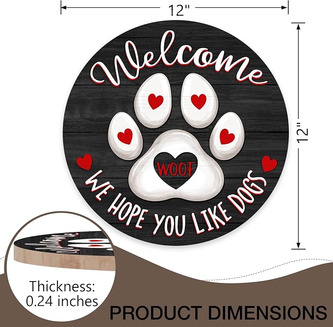 Deroro Welcome We Hope You Like Dogs Front Door Sign, Dog Cat Paw Print Black - Image 2