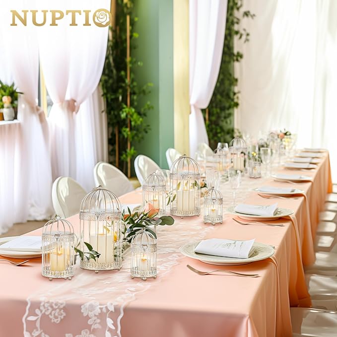 NUPTIO Decorative Candle Lanterns White: 3 Pcs Distressed White Metal Bird Cage - Image 4