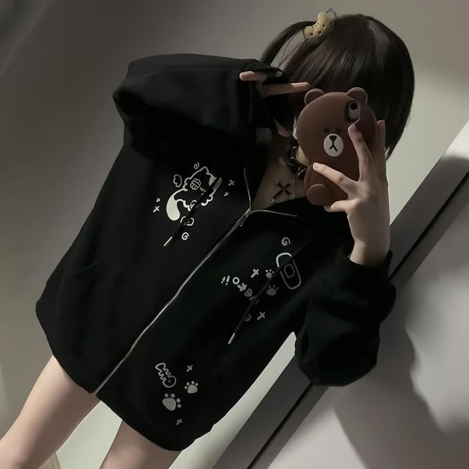 Womens Y2K Zip Up Cute Graphic Hoodies Cat Ears Casual Cartoon Harajuku Kawaii - Image 3