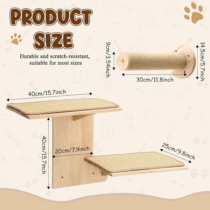 Novabright 3 Pcs Cat Wall Shelves Set, Double-Layer Platform Cat Wall Furniture - Image 2