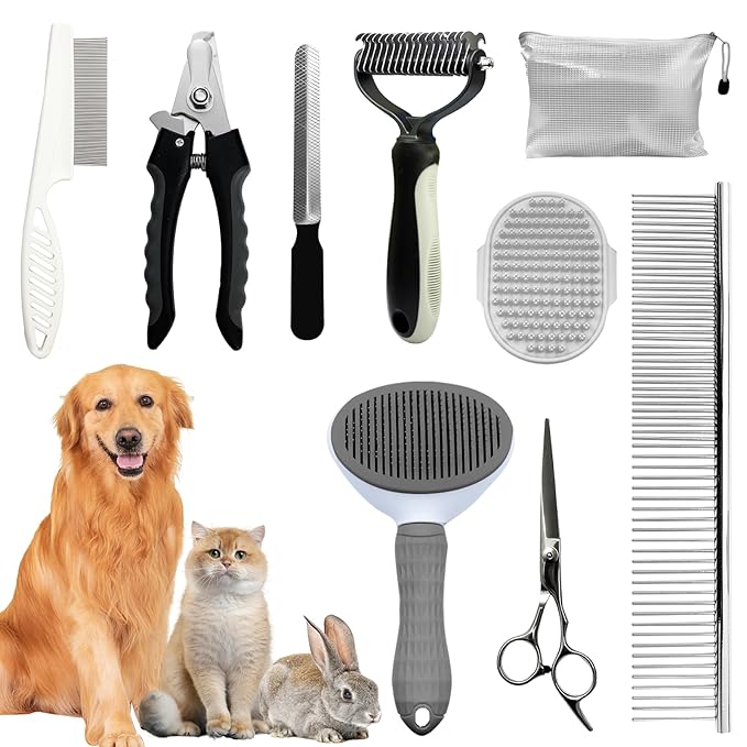Dog Brush & Grooming Kit – 9-Piece Pet Brush & Deshedding Set by Aiolpy