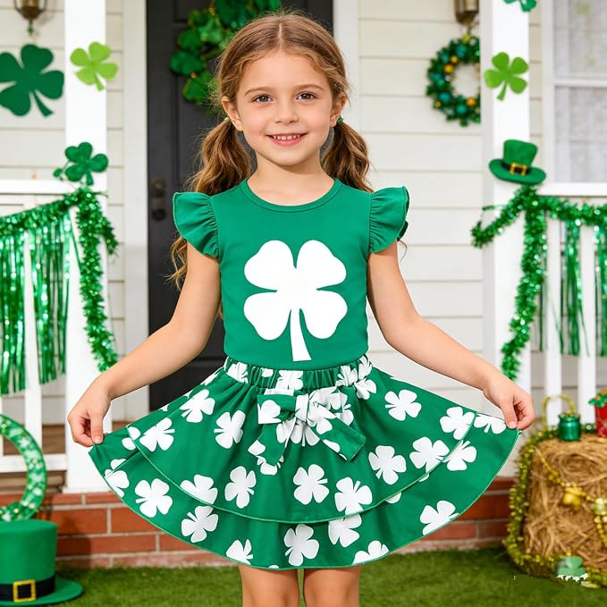 Girls Skirt Set 2 Piece Outfit Toddler Summer Clothes Ruffle Sleeve T-Shirt Bow - Image 2