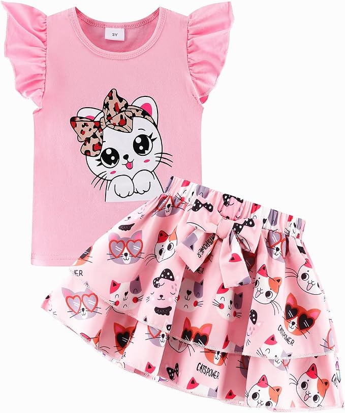 Girls Skirt Set 2 Piece Outfit Toddler Summer Clothes Ruffle Sleeve T-Shirt Bow by zarmfly