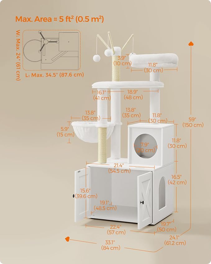 Feandrea Cat Tree with Litter Box Enclosure, 59-Inch Modern Cat Tower, 2-in-1 - Image 5