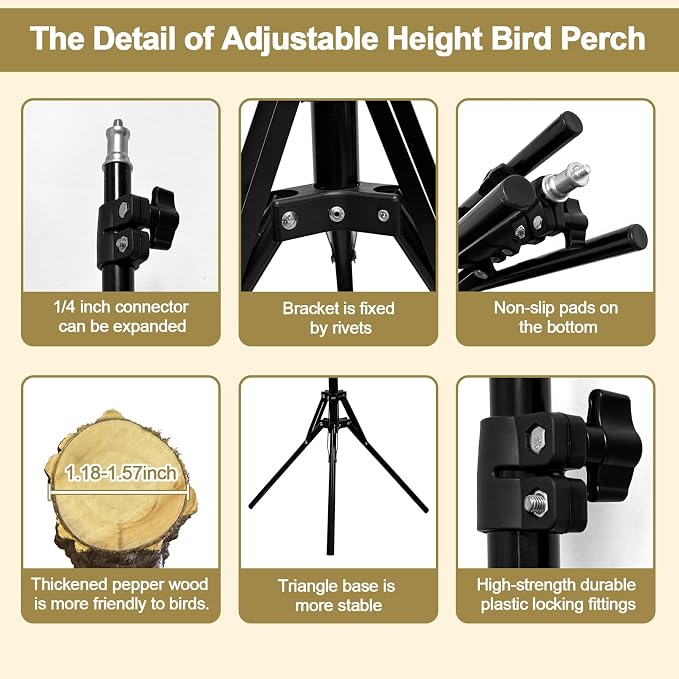 16-63 Inch Height Adjustable Bird Perch Pepper Wood Bird Training Perch Stand - Image 5