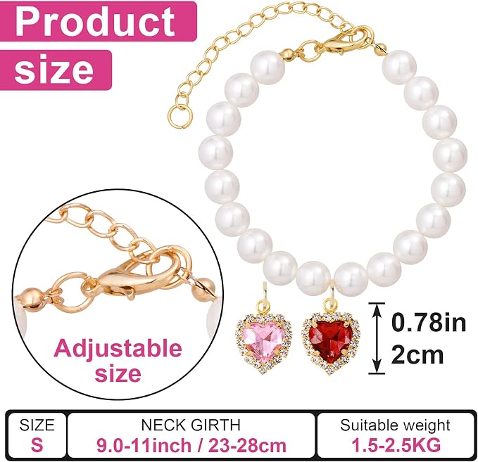 2pcs Cat Pearl Collar with Heart Pendant, Cute Pearl Pet Necklace in Small - Image 2