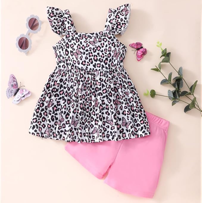 Toddler Baby Girls Summer Clothes Outfits Ruffled Sleeve Dinosaur Shirt Leopard - Image 2
