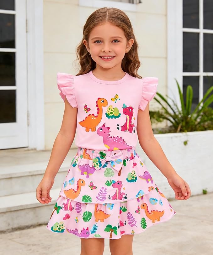 Girls Skirt Set 2 Piece Outfit Toddler Summer Clothes Ruffle Sleeve T-Shirt Bow - Image 2