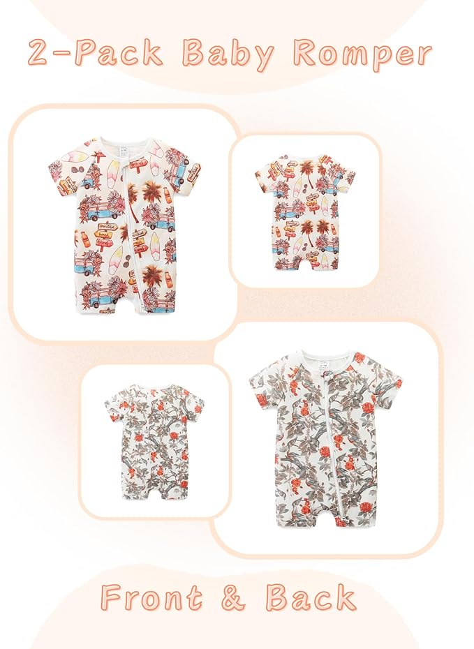 Unisex Summer Trendy 2-Pack Rompers Short Sleeve Zipped Bodysuit Infant Cotton - Image 2