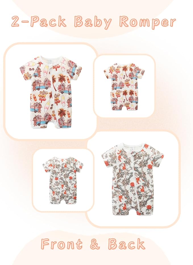 Unisex Summer Trendy 2-Pack Rompers Short Sleeve Zipped Bodysuit Infant Cotton - Image 2