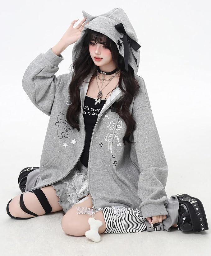 Womens Y2K Zip Up Cute Graphic Hoodies Cat Ears Casual Cartoon Harajuku Kawaii - Image 2