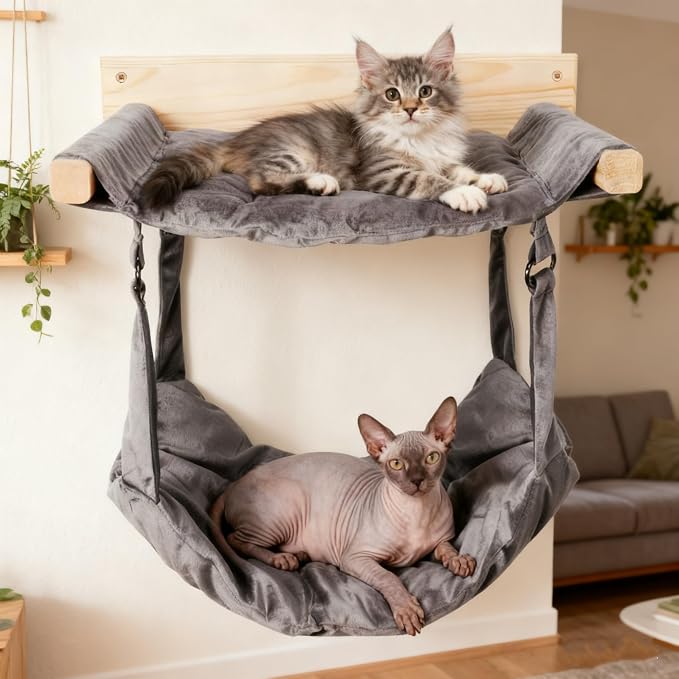 JSPYFITS Wooden Cat Wall Hammock, 18.9 x 12.6 Inch Double Layer Cat Furniture - Image 8