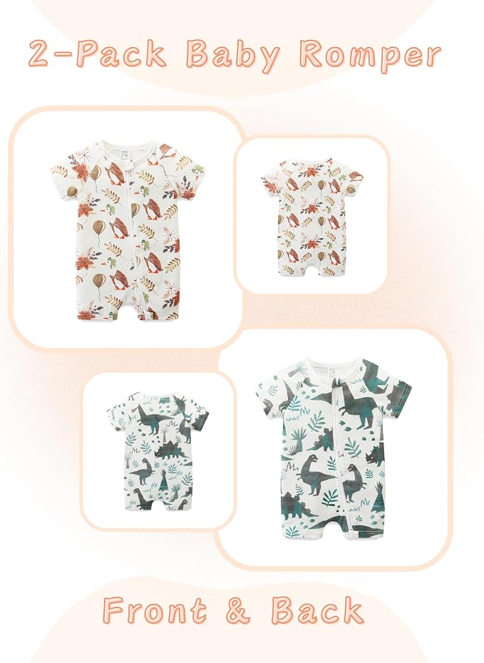 Unisex Summer Trendy 2-Pack Rompers Short Sleeve Zipped Bodysuit Infant Cotton - Image 2