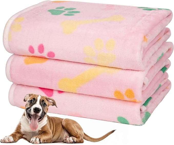 Dono 1 Pack 3 Dog Blankets for Small Dogs, Soft Fluffy Paw Print Pattern Fleece by Dono