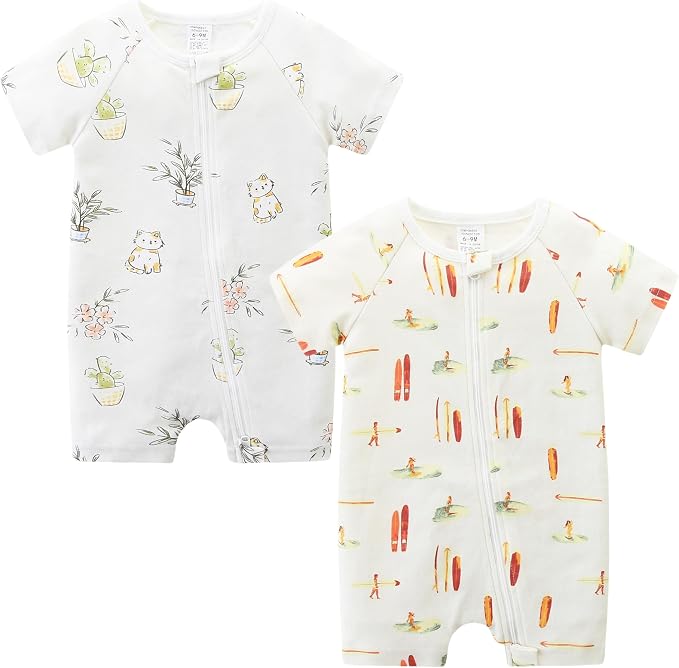 Unisex Summer Trendy 2-Pack Rompers Short Sleeve Zipped Bodysuit Infant Cotton by JingleBaBa