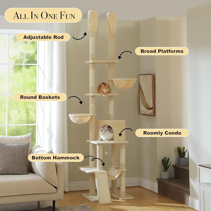Floor to Ceiling Cat Tree Height Adjustable, Tall Cat Tower 7 Tiers Activity - Image 4