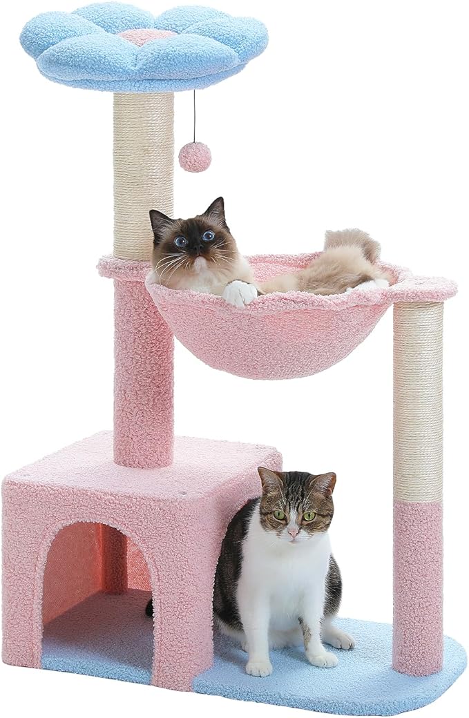 Flower Cat Tree with Large Metal Frame Hammock, Cat Condo with Blue Top Perch by MUTTROS