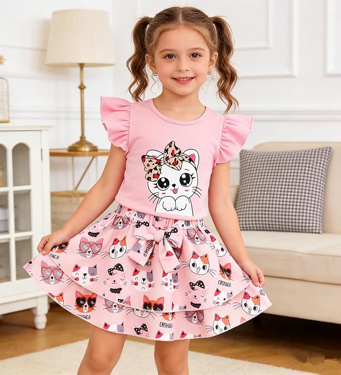 Girls Skirt Set 2 Piece Outfit Toddler Summer Clothes Ruffle Sleeve T-Shirt Bow - Image 2