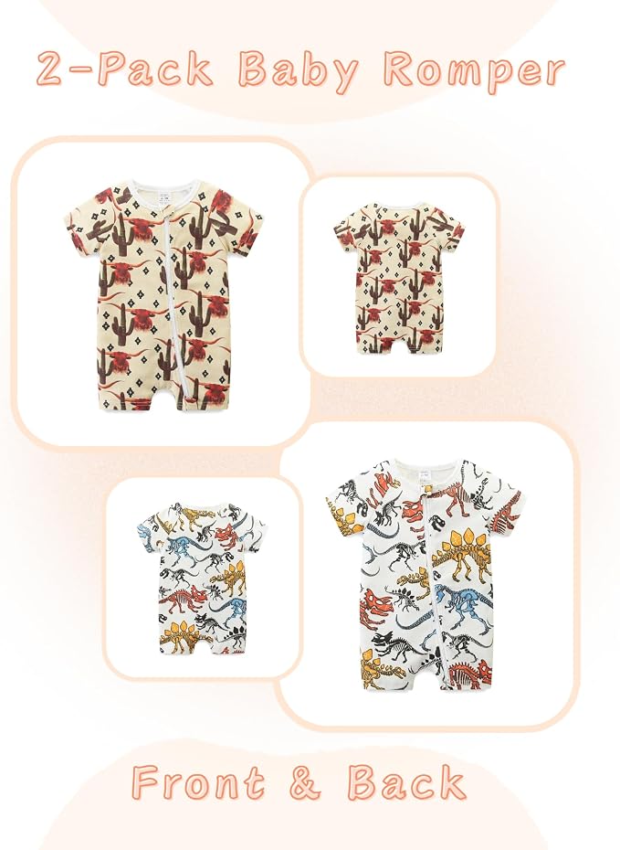 Unisex Summer Trendy 2-Pack Rompers Short Sleeve Zipped Bodysuit Infant Cotton - Image 2