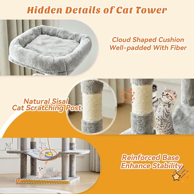 Large Cat Tree 66 Inch, Sisal Scratching Posts and Hammock, Pet Play House - Image 3