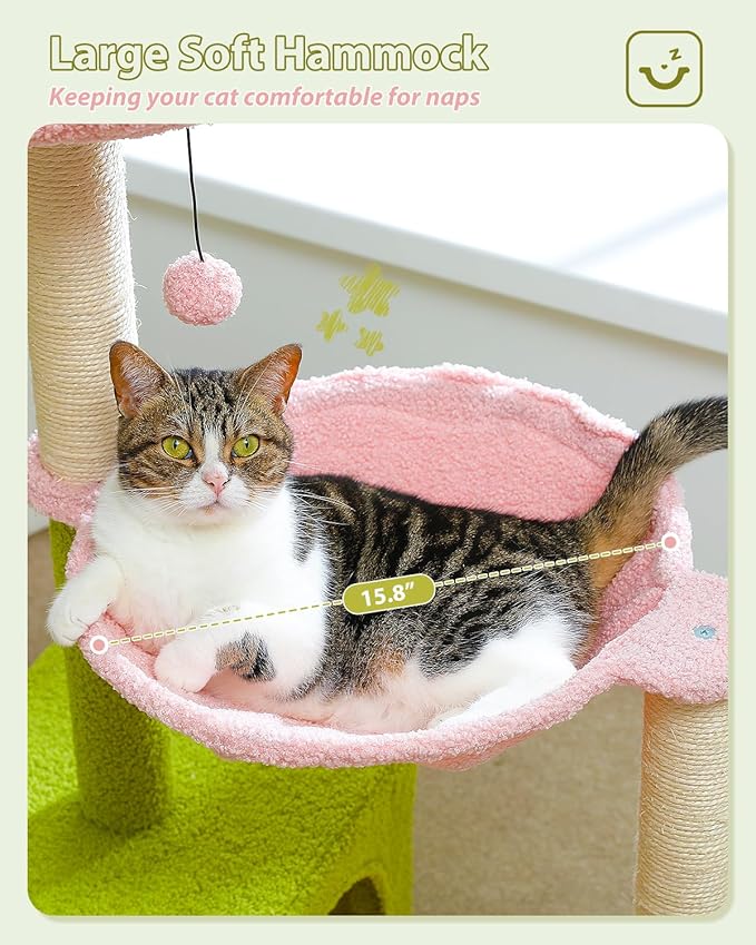 Flower Cat Tree with Large Metal Frame Hammock, Cat Condo with Pink Top Perch - Image 4