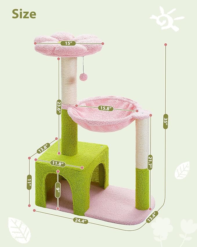 Flower Cat Tree with Large Metal Frame Hammock, Cat Condo with Pink Top Perch - Image 7