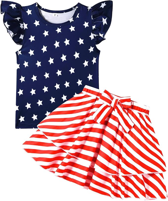Girls Skirt Set 2 Piece Outfit Toddler Summer Clothes Ruffle Sleeve T-Shirt Bow by zarmfly