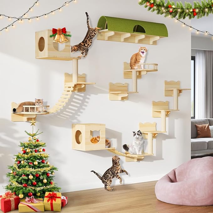 Cat Wall Shelves, 18-in-1 Solid Wood Wall-Mounted Cats Furniture Set - Image 7