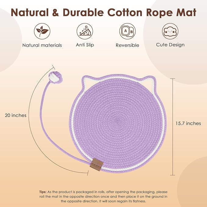 Cat Scratcher Mat, Natural Cotton Rope Cat Scratch Pad, 15.7'' Round Horizontal - Image 2