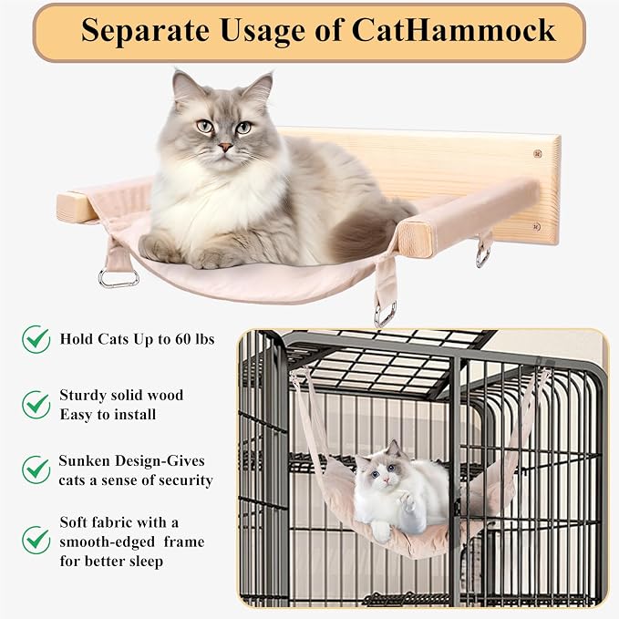 JSPYFITS Wooden Cat Wall Hammock, 18.9 x 12.6 Inch Double Layer Cat Furniture - Image 6