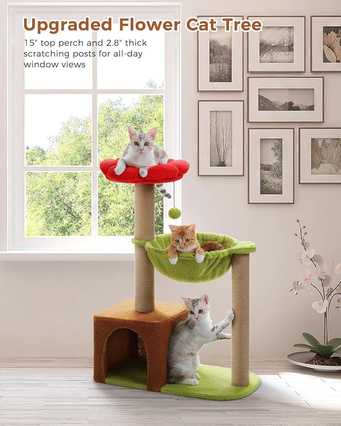 Flower Cat Tree with Sisal Scratching Posts, Cat Condo with Removable Flower Bed - Image 7