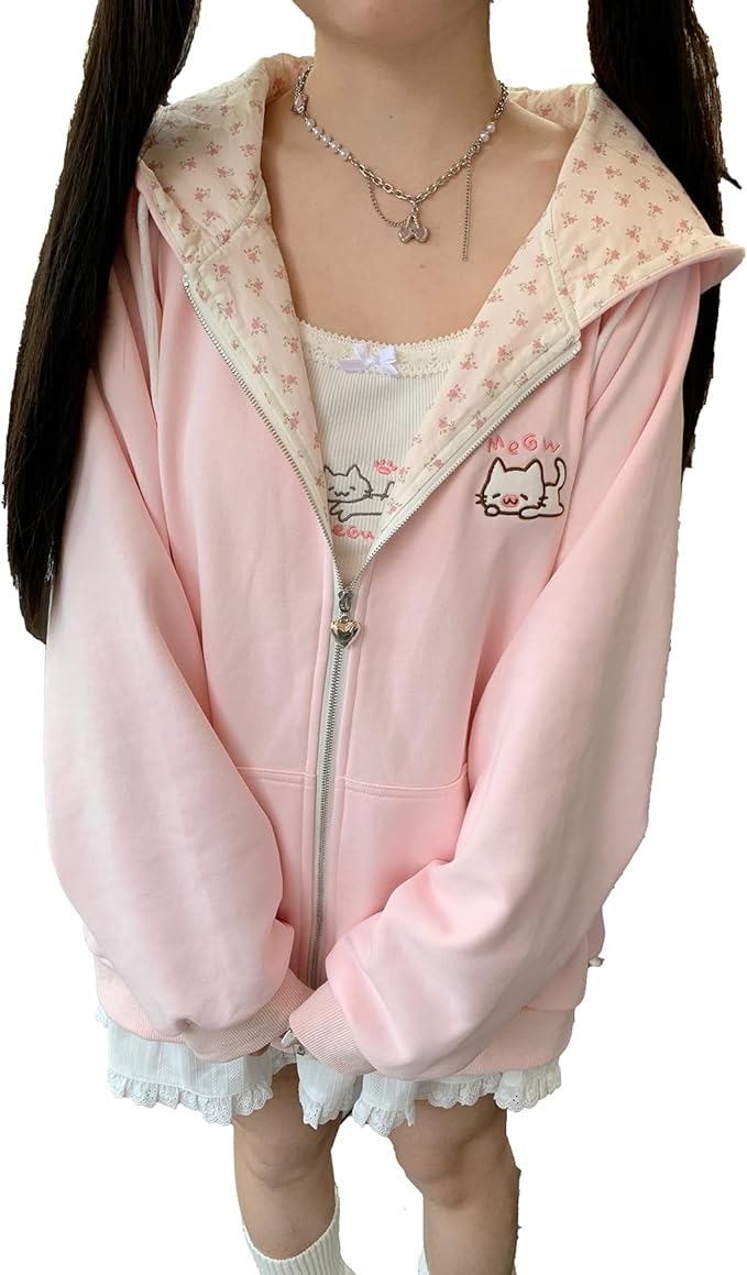 Womens Y2K Zip Up Cute Graphic Hoodies Cat Ears Casual Cartoon Harajuku Kawaii by WelcometoDynict