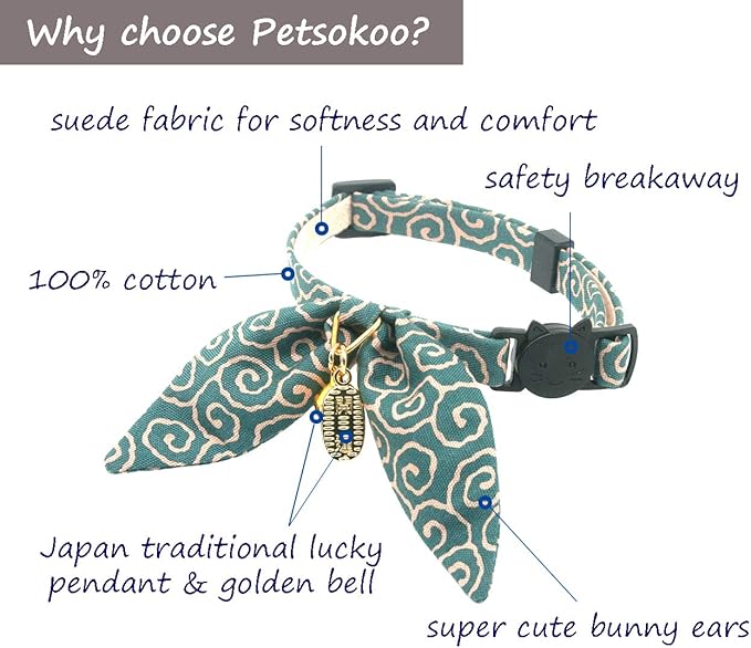 PetSoKoo Bunny Ears Cat Collar, Japan Lucky ‘開三運’ Charm. Safety Breakaway - Image 2