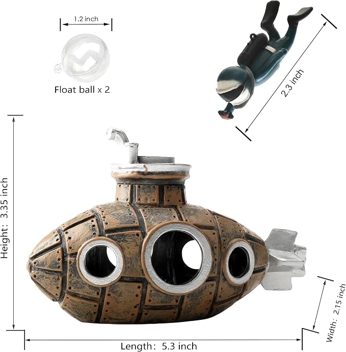 Floating Fish Tank Decoration, LittleCute Retro Submarine AquariumDecoration - Image 4