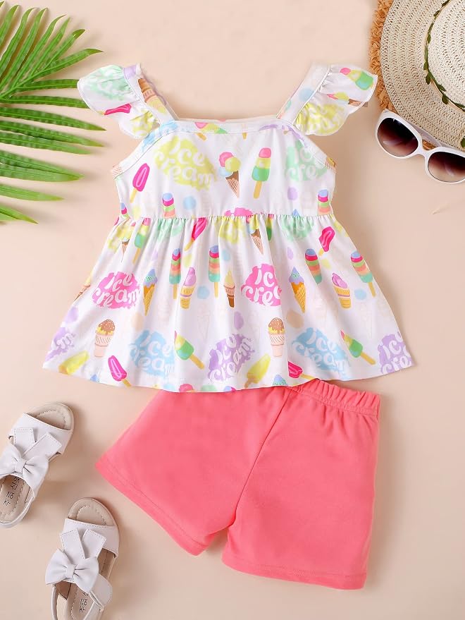 Toddler Baby Girls Summer Clothes Outfits Ruffled Sleeve Dinosaur Shirt Leopard - Image 2