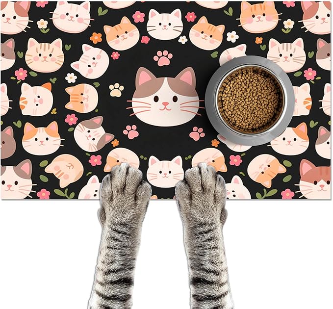 Cat Feeding Mat 24x16 inch Black Kitten Print Pet Bowl Placemat Non Slip Floor by HOMETITUTE