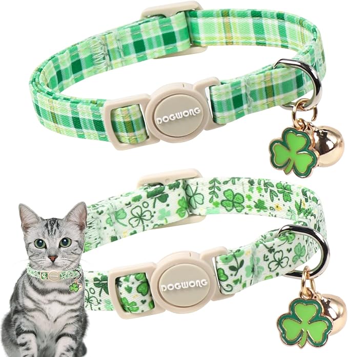 2 Pack St. Patrick's Day Cat Collars, DOGWONG Spring Green Shamrock Cat Collars by DOGWONG