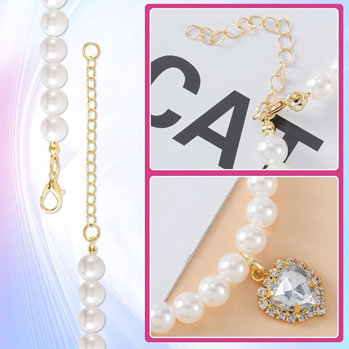 2pcs Cat Pearl Collar with Heart Pendant, Cute Pearl Pet Necklace in Small - Image 4