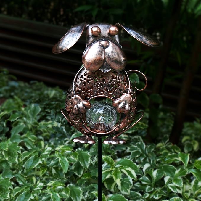 KAIXOXIN Garden Solar Lights Metal Dog Crackle Glass Globe Stake Light - Image 3
