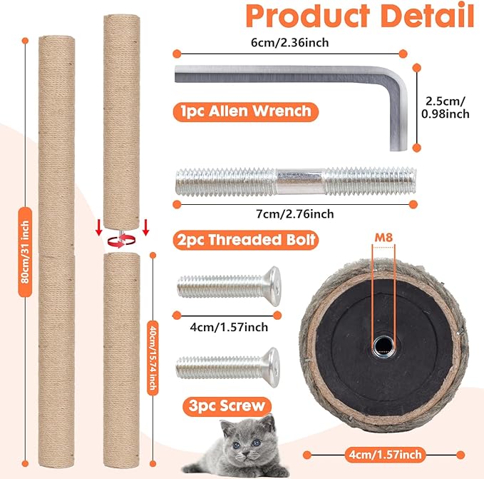 PowerKing Natural Sisal Replacement Scratching Post, 15.7'' 2 Pieces M8 Cat - Image 5