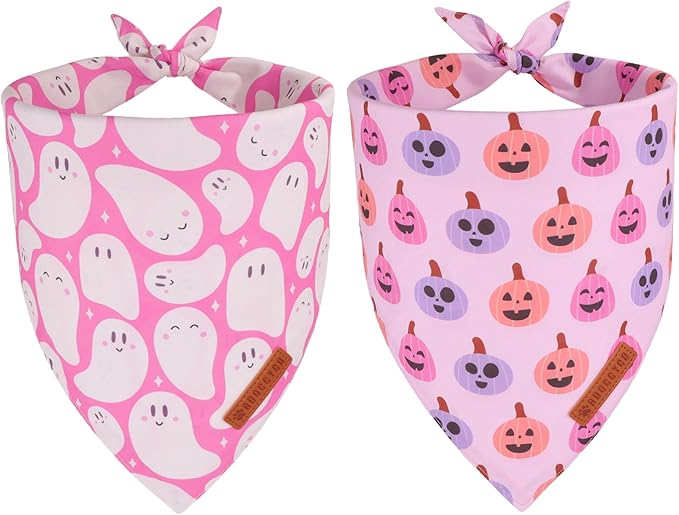 ADOGGYGO Pink Halloween Dog Bandanas 2 Pack, Reversible Ghost Pumpkin Scarf Bib by ADOGGYGO