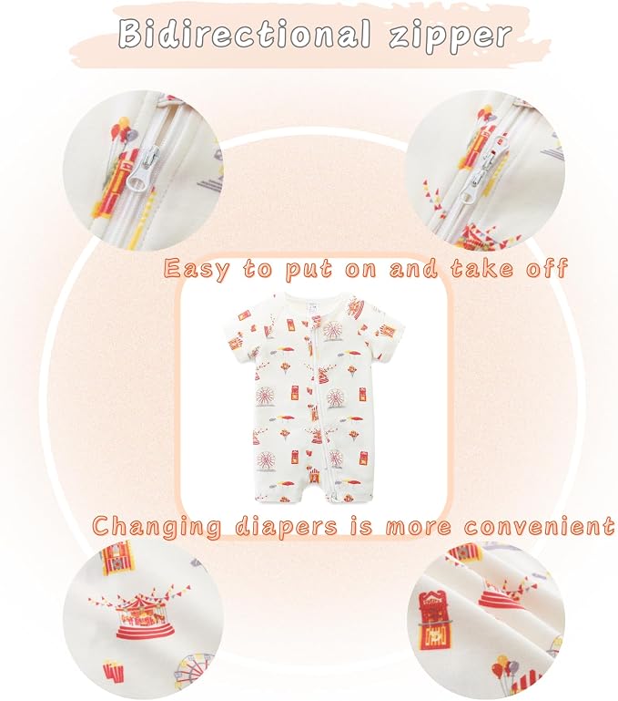 Unisex Summer Trendy 2-Pack Rompers Short Sleeve Zipped Bodysuit Infant Cotton - Image 5