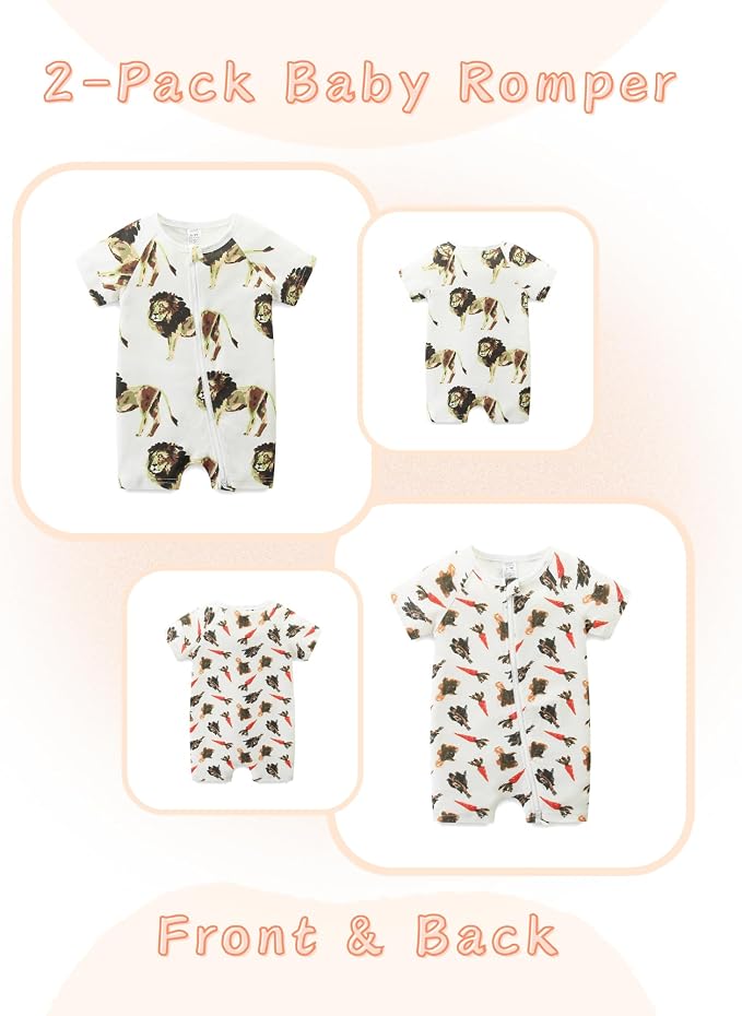 Unisex Summer Trendy 2-Pack Rompers Short Sleeve Zipped Bodysuit Infant Cotton - Image 2