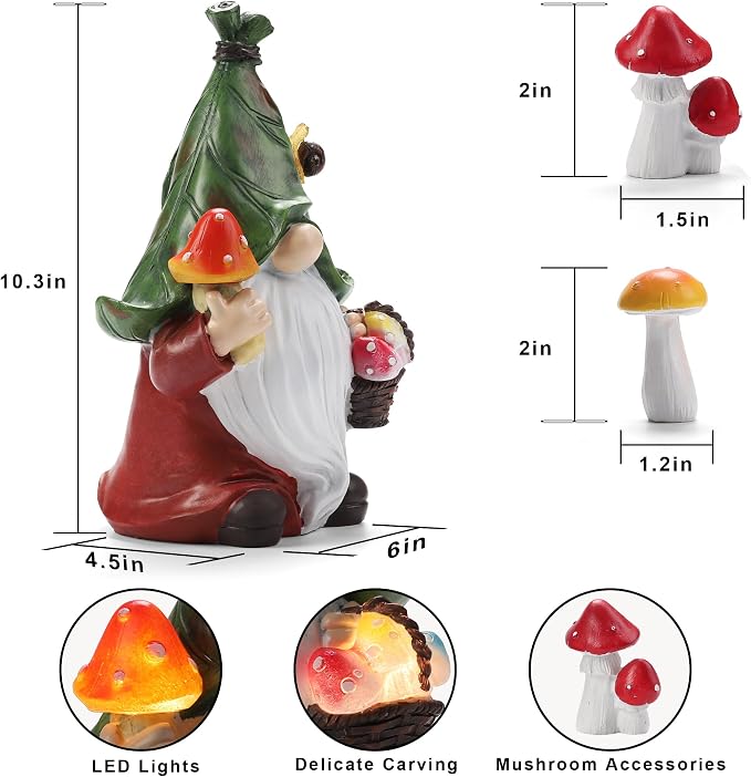 Mushroom-Picking Gnome Solar Garden Statue - Image 4